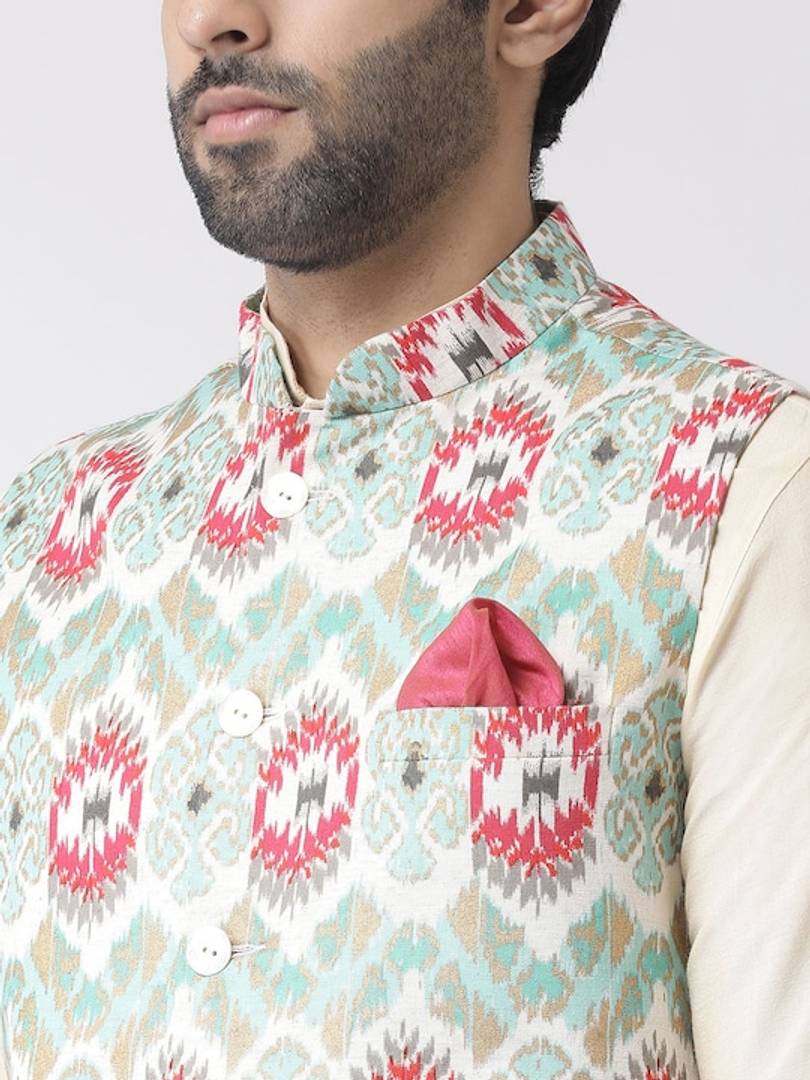 Men's Turquoise Cotton
 Printed Nehru Jackets
